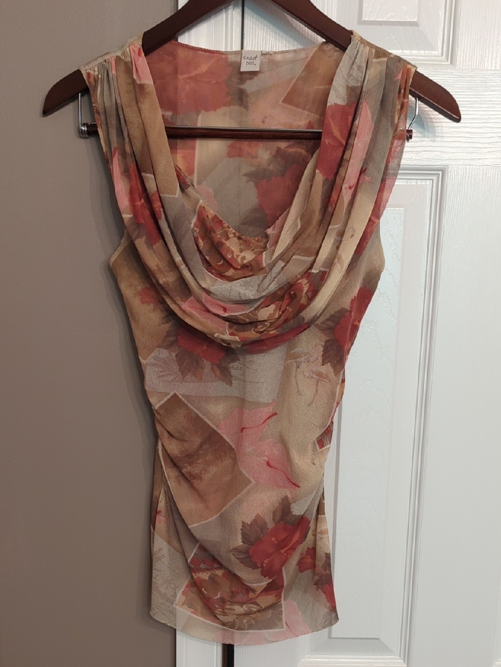 Sweet Pea Floral And Photographs Sleeveless Scarf Neck Top With Gathered Sides